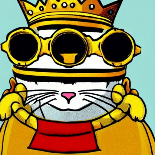 Prompt: a cartoon art of a white cat wearing a golden crown and black goggles