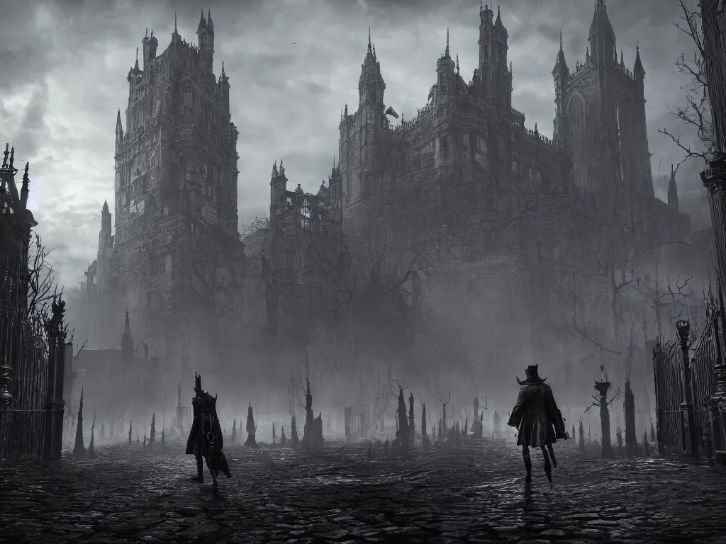 Image similar to bloodborne 2, dark, nighttime, victorian england style, horror, grotesque, serene, haunting, heavy atmosphere, claustrophobic, insanity, High Definition detail, 8K