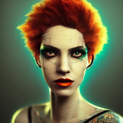 Prompt: punk women portrait made out of paint, short hair, octane render, highly detailed, realistic, tim burton and bob ross comic book art, matte painting, holographic, trending on artstation, cinematic, splashes of neon