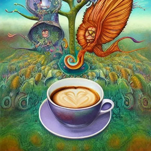Image similar to surreal hippie coffee, artwork by daniel merriam
