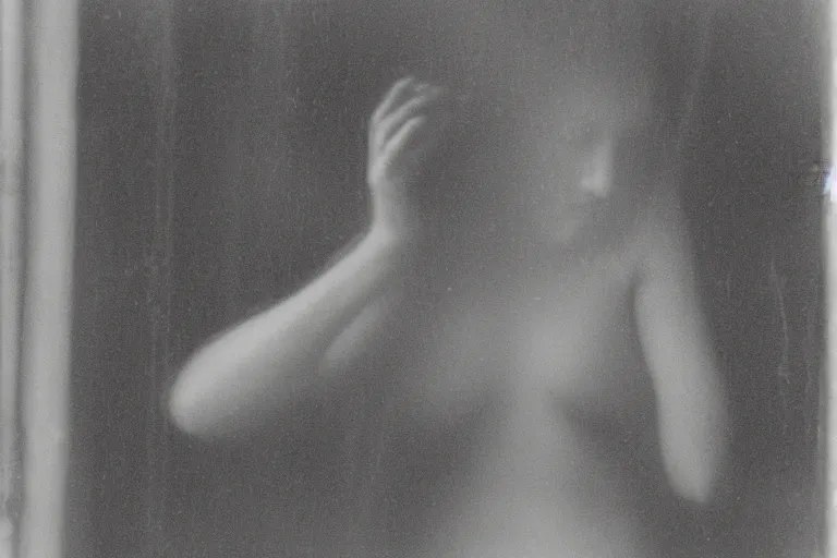 Image similar to silhouette of a woman in front of a dirty window, photo by Francesca Woodman,