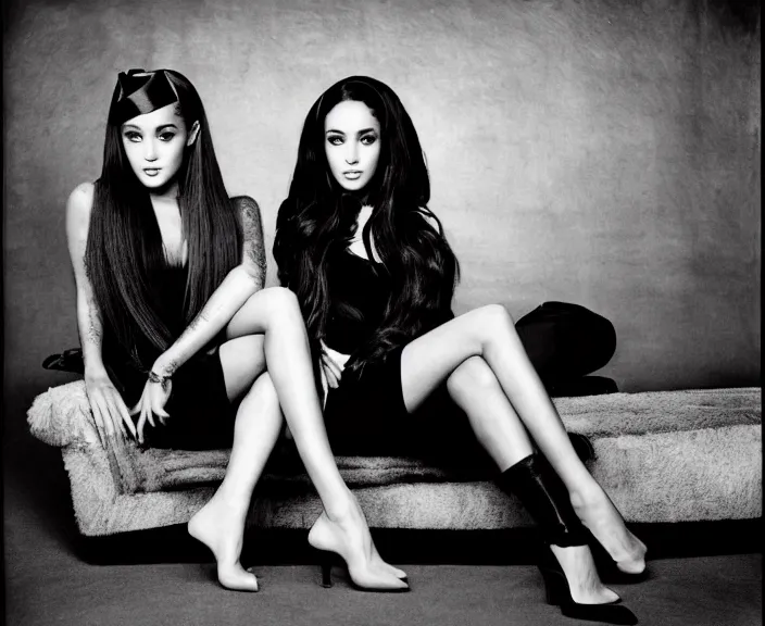 Image similar to award winning photo of Ariana Grande, Megan Fox sitting on a chesterfield lounge, symmetrical + beautiful eyes, wide shot by Sally Mann & Arnold Newman,