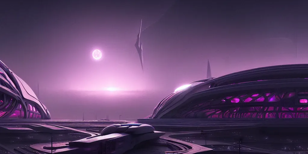 Image similar to futuristic space station 3 d concept art, cinematic lighting, intricate details, building by zaha hadid, pink sunset, emissary space by arthur haas and bruce pennington and john schoenherr, cinematic matte painting, dark moody monochrome colors, trending on artstation, featured on behance