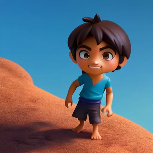 Image similar to profile view of young aladdin as nendoroid walking in a desert in the croods movie style, wearing typical clothes, 8 k, hd, dof, kodak film, volumetric lighting, bright backlit, subsurface scattering, photorealistic, octane render