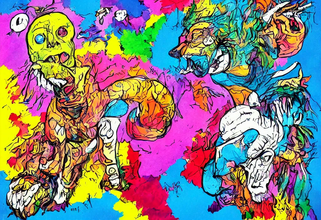 Image similar to cowering in fear from the limitless creativity monster, vividly colorful illustration