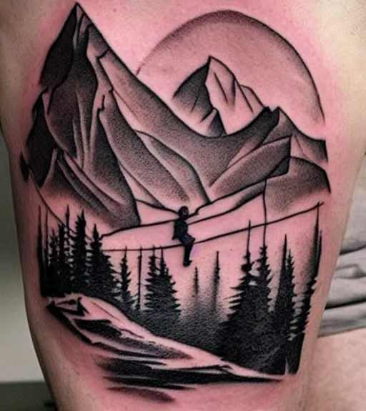 Image similar to creative double exposure effect tattoo design sketch of margot and beautiful mountains and nature, mountain scenery, realism tattoo, in the style of matteo pasqualin, amazing detail, sharp