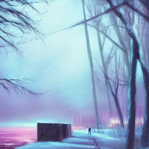 Prompt: mystic winter landscape, cyberpunk atmosphere, pastel colors