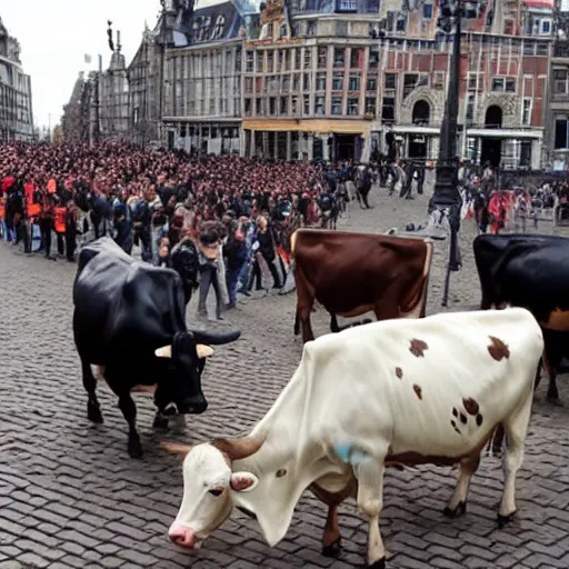 Image similar to cows demonstrating with police, on dam square amsterdam, burning, sirens police