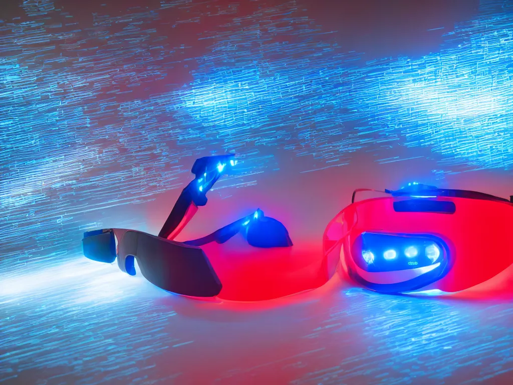 Prompt: visor with curved translucent screens projecting bright red and blue, pixel perfect photograph, high contrast, volumetric lighting, thin glowing lights, chair, users, pair of keys