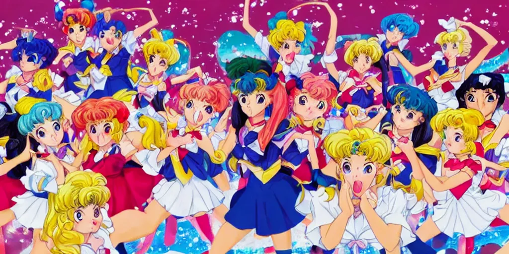 Image similar to sailor moon food fight in cafeteria, detailed facial expression, surrealism aesthetic