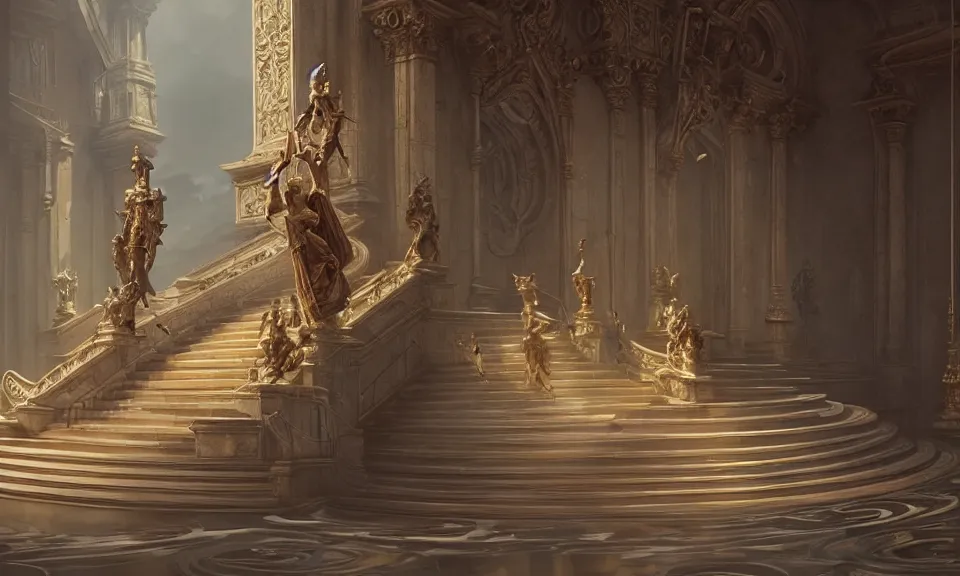 Prompt: straight staircase with ornate statues to heaven, art by greg rutkowski and peter mohrbacher, featured in artstation, octane render, cinematic, elegant, intricate, ultra detailed, rule of thirds, professional lighting, unreal engine, fantasy, concept art, sharp focus, illustration, 8 k