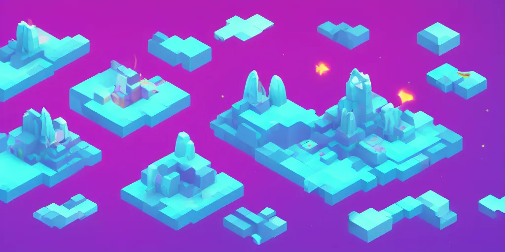 Image similar to isometric videogame screenshot, seperate floating islands, neon, space background, blocks, axure tones, ocean, clouds, mountains, plastic sheen, lensflare, sparkles, glow, shine
