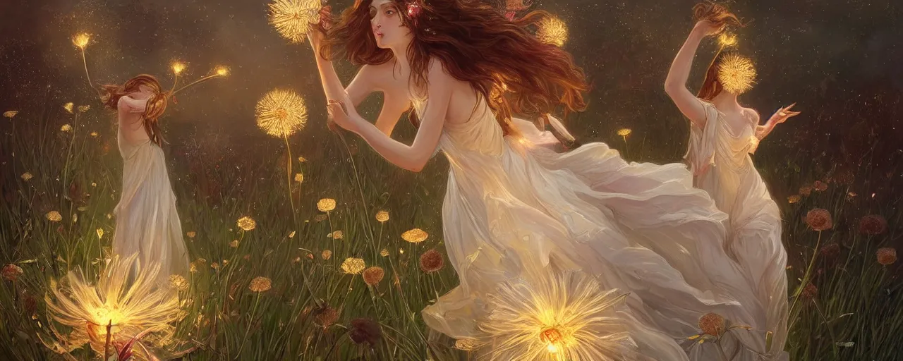 Prompt: a beautiful fairy next to a giant dandelion with sparkles, D&D, fantasy, intricate, cinematic lighting, highly detailed, digital painting, artstation, concept art, smooth, sharp focus, illustration, art by Artgerm and Greg Rutkowski and Alphonse Mucha