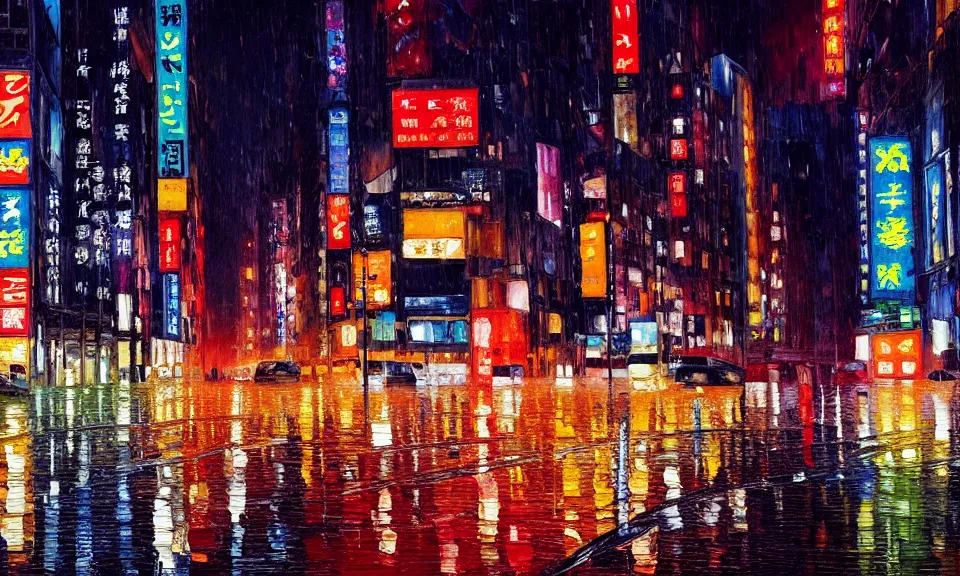 Image similar to the most beautiful landscape, oil painting, city like tokyo, night, raining, neon, desert, cinematic lighting, highly detailed, very realistic