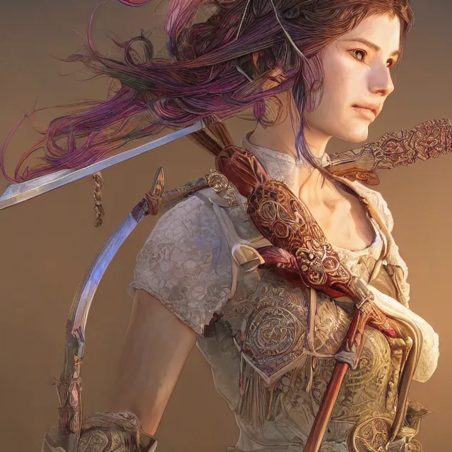 Image similar to the portrait of lawful neutral semi - colorful female archer huntress as absurdly beautiful, gorgeous, elegant, young girl, an ultrafine hyperdetailed illustration by kim jung gi, irakli nadar, intricate linework, bright colors, octopath traveler, final fantasy, unreal engine 5 highly rendered, global illumination, radiant light, detailed and intricate environment