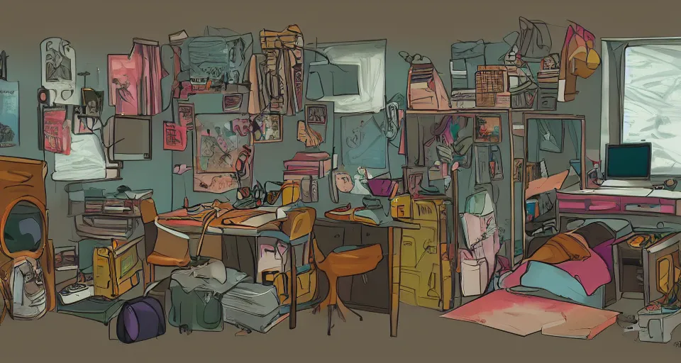 Prompt: stylized aesthetic messy college dorm room, trending on artstation, digital art, hyperdetailed