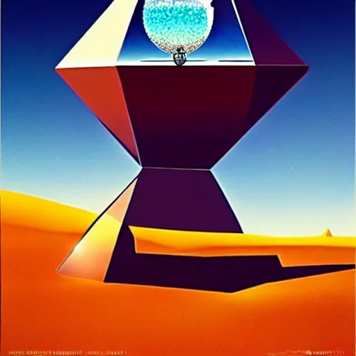 Image similar to poster big angular crystal in the desert, reflection from the crystal is sparkling due to sun, small starship near, futuristic, hi-tech details, style jean giraud