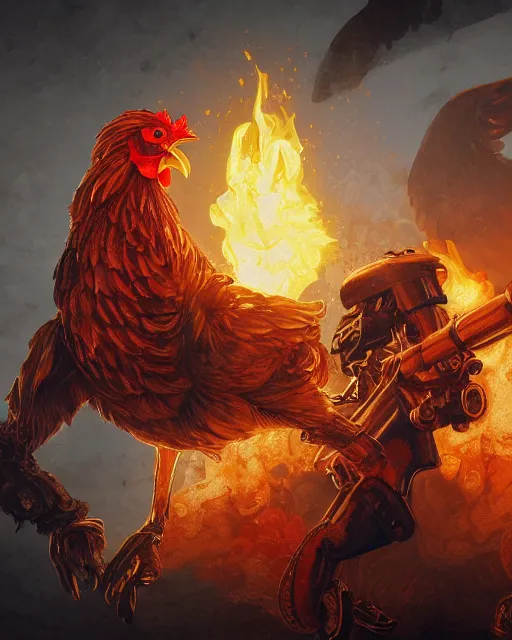 Prompt: Chicken, Anthropomorphized, holding flamethrower, raging, red, Golden Steampunk city atmosphere, magic the gathering artwork, D&D, fantasy, cinematic lighting, centered, symmetrical, highly detailed, digital painting, artstation, concept art, smooth, sharp focus, illustration, volumetric lighting, epic Composition, 8k, art by Akihiko Yoshida and Greg Rutkowski and Craig Mullins, heroic pose, oil painting, cgsociety