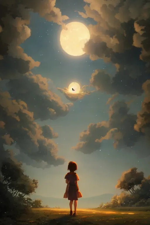 Prompt: a highly detailed matte painting of a girl watching moon exploding by studio ghibli, makoto shinkai, by artgerm, by wlop, by greg rutkowski, volumetric lighting, octane render, 4 k resolution, trending on artstation, masterpiece