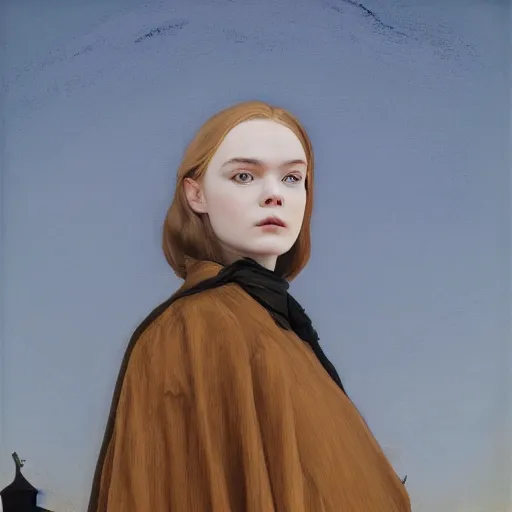 Image similar to Elle Fanning in a black coat, religious masterpiece portrait, oil on canvas, golden hour, in the world of Andrew Wyeth and Bloodborne, artstation, by Jean Giraud Moebius,