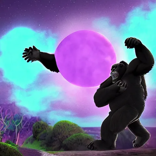 Prompt: a giant gorilla charging a purple tinted spirit bomb, a full moon in the background, cell shaded