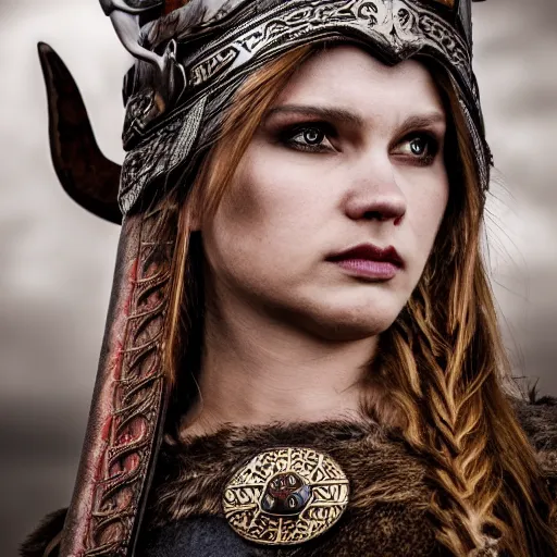 Image similar to beautiful Viking queen with ornate cloak, highly detailed, 4k, HDR, smooth, sharp focus, hyper realistic, high resolution, award-winning photo