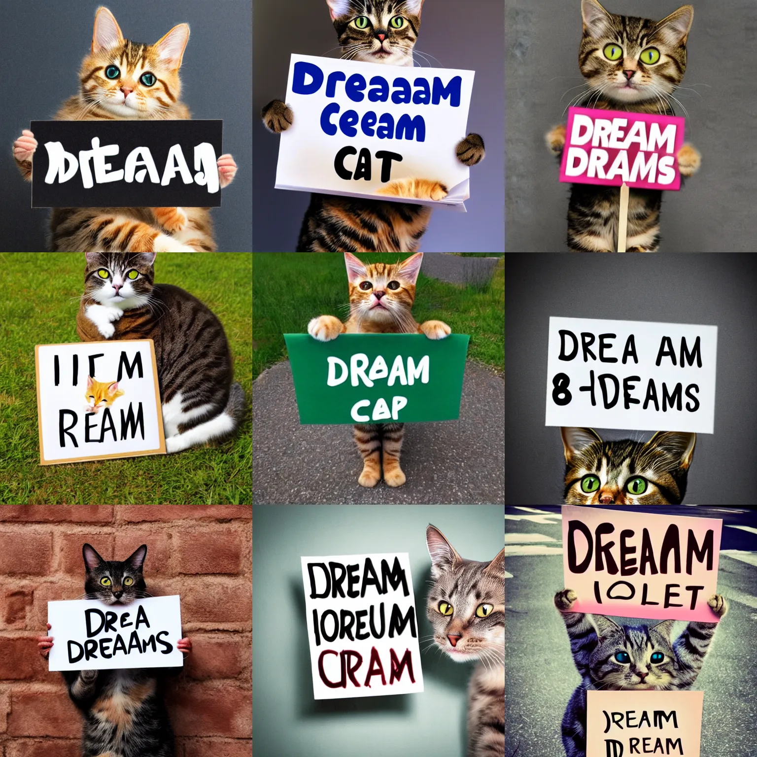 Image similar to realistic high quality photo of a cute cat holding a sign with text that reads : dream cats