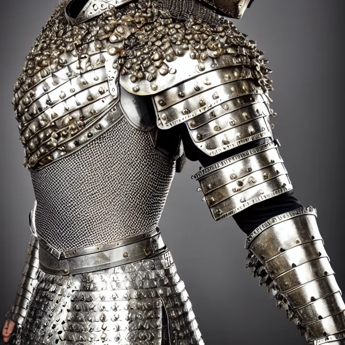 Image similar to professional full length photograph of a beautiful warrior with diamond encrusted armour. Extremely detailed. 8k