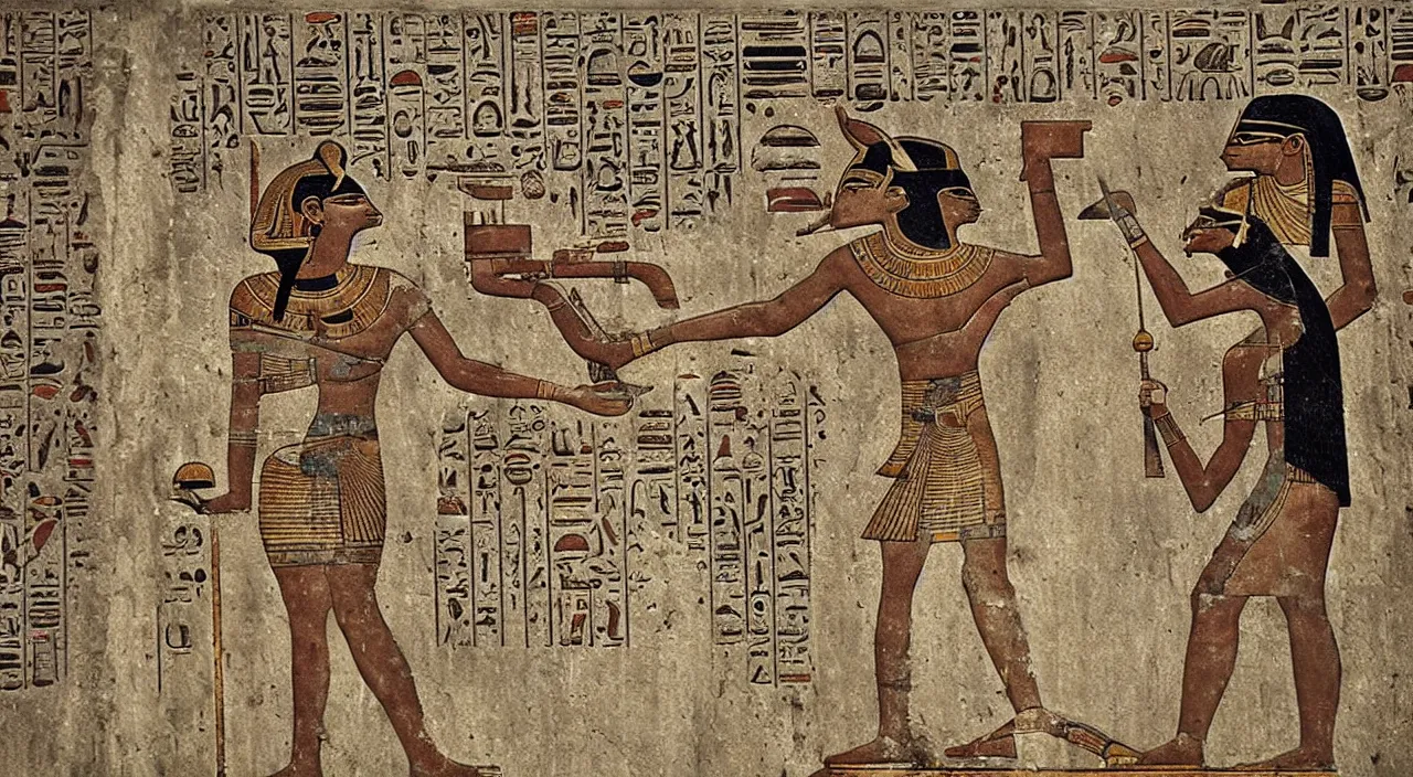 Prompt: egyptian animal gods looking for wifi, ancient egyptian murals.