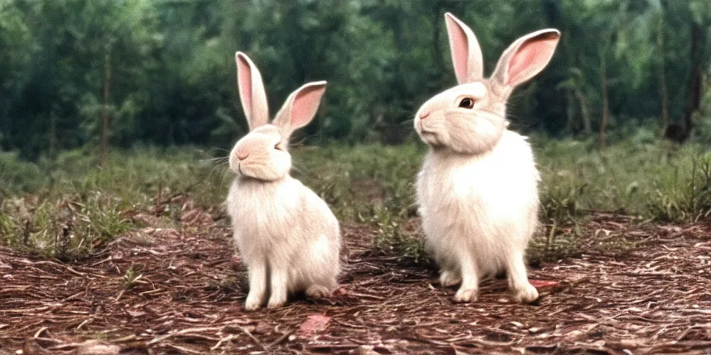 Prompt: a rabbit in the movie stand by me screenshot