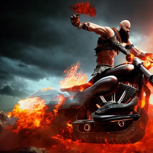 Prompt: kratos jumping a black harley - davidson motorcycle off a cliff, cinematic render, playstation studios official media, god of war 2 0 1 8, flames, centered