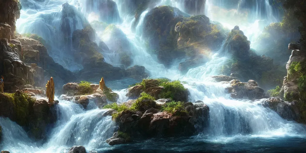 Image similar to creation of the world and heaven with a river of the water of life, clear as crystal, flowing from the throne of god and of the lamb by daniel f. gerhartz and matt stewart and thomas cole, fantasy, photorealistic, octane render, unreal engine, dynamic lighting