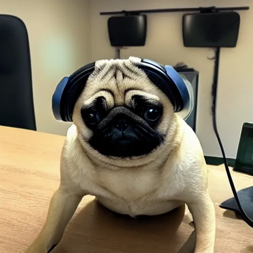 Prompt: a pug wearing a VR headset. Photorealistic.