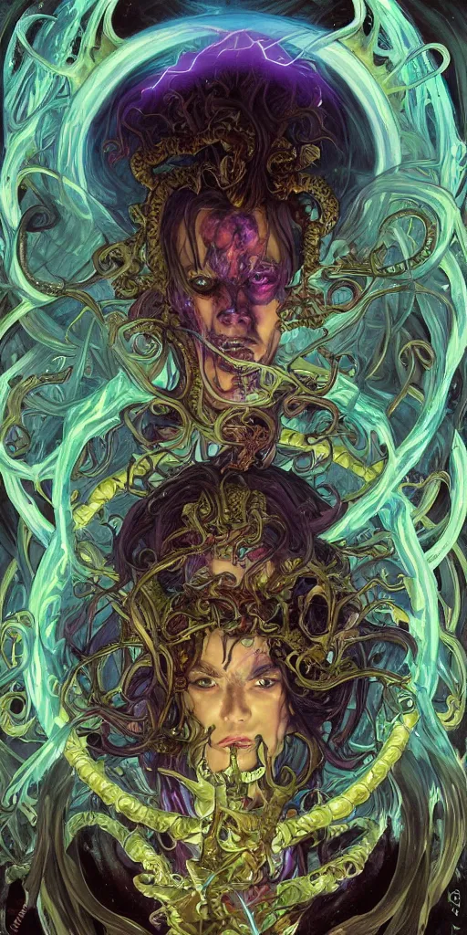 Image similar to intense glowing angry pagan god with horns and tentacles and intense glowing eyes and a skull in very dark cosmic space by karol bak and artgerm and alphonse mucha, portrait, fantasy, clear, light beams, lens flare, intense, uhd, amazing depth, cinematic lighting, purple and teal and indigo and cyan