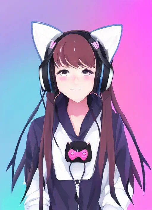 Prompt: portrait of a cute anime girl streamer wearing cat ear headphones smiling at the camera, symmetrical face, perfect face details, digital painting, trending on artstation, deviantart, artgem, perfect composition, ross draws, wlop