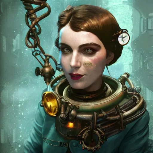 Prompt: underwater bioshock steampunk portrait, hyper detailed, digital art, cinematic lighting, studio quality, smooth render, unreal engine 5, octane rendered, art style by klimt and nixeu and ian sprigger and wlop and krenz cushart.