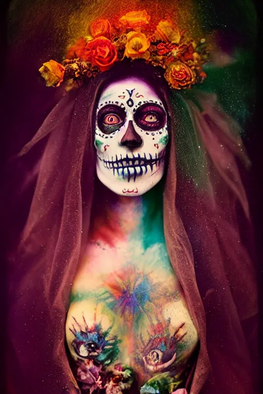 Prompt: color separation process, tintype virgin mary in dia de muertos dress and make up, horrific beautiful vibe, evocative, atmospheric lighting, painted, intricate, highly detailed, leesha hannigan, wayne haag, reyna rochin, ignacio fernandez rios, mark ryden, iris van herpen, stunning, gorgeous, sharp focus, cinematic, masterpiece