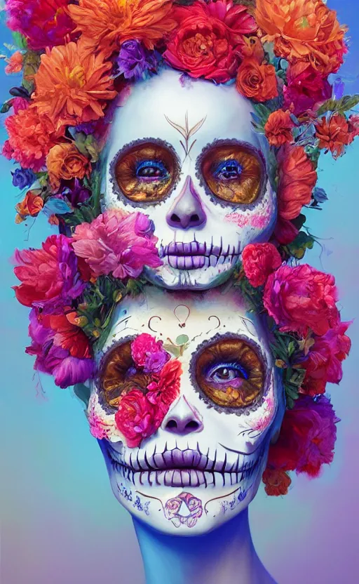 Prompt: a beautiful oil painting hyperrealism of a beautiful woman, flowers, dia de los muertos makeup, floral headdress, 8 k resolution, octane render, trending on artstation, by gediminas pranckevicius, volumetric light 2 blue fractal thunder glow by dan mumford, anaglyph effect, laurie lipton