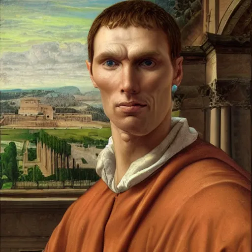 Image similar to Jerma985 in Ancient Rome, detailed, highly detailed, heroic, epic, complex, very detailed, realistic, HD quality, 8k resolution, body and headshot, Oil Painting, Italian Renaissance Painting of Jerma985, Italian Renaissance Painting Style, Renaissance Painting Style, Painting, Trending on Artstation