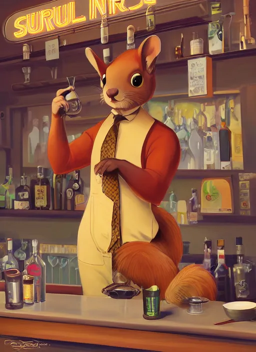 Prompt: squirrel anthro as a dapper bartender with a big, fluffy tail, retro futurism, art deco, detailed, painterly digital art by WLOP and Cory Loftis and Paul Gustav Fischer, 🐿🍸🍋, furaffinity, trending on artstation