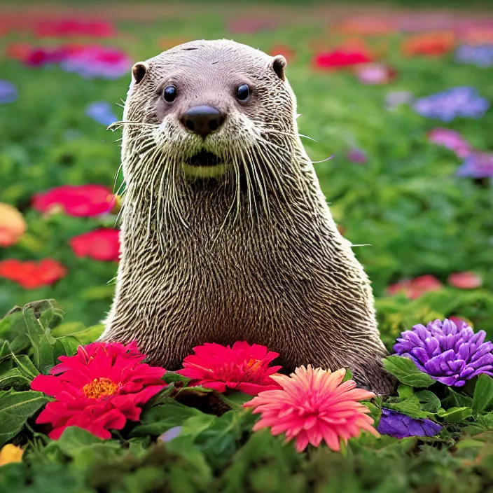 Prompt: closeup portrait of an otter wearing a hooded cloak and crown made of zinnias and rainbows, in an empty field, by Annie Leibovitz and Steve McCurry, natural light, detailed face, CANON Eos C300, ƒ1.8, 35mm, 8K, medium-format print