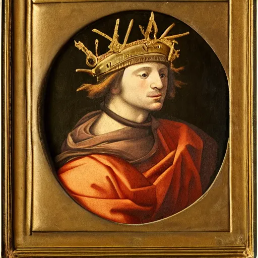 Image similar to renaissance style portrait of an alpine chamois wearing a crown and a cape, dark background