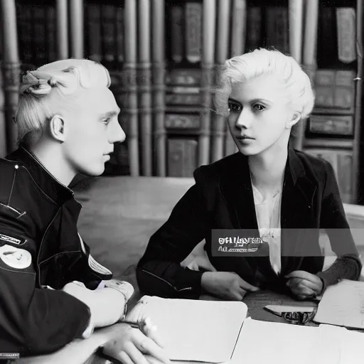 Prompt: 19-year-old Aristocratic platinum-blonde-haired hime-cut blue-eyed French empress wearing white leggings and black jacket, sitting in office, chatting with communist officer, futuristic gadgets, HD photograph