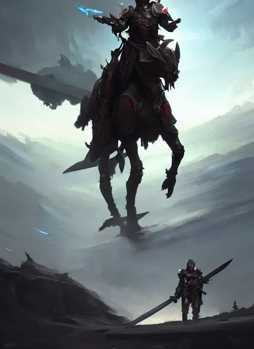 Prompt: epic war commander with futuristic helmet holding two gigantic sword and riding a standing horse. highly detailed, digital painting, concept art, smooth, sharp focus, illustration, art by greg rutkowski