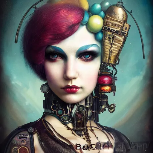 Image similar to photorealistic soft paint render of a curiosities carnival, single young beautiful dollpunk in a full steampunk corset, cyberpunk dyed haircut, symmetry accurate features, focus, rainbow lighting, very intricate details, award winning masterpiece, by tom bagshaw