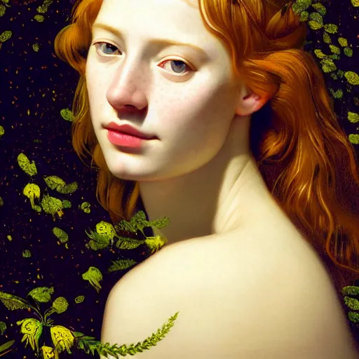 Prompt: portrait of a young woman, among the lights of golden fireflies and nature, long loose red hair, intricate details, green eyes, hint of freckles, round gentle face, happy, deep focus, smooth, sharp, golden ratio, hyper realistic digital art by artemisia lomi gentileschi and caravaggio and artgerm