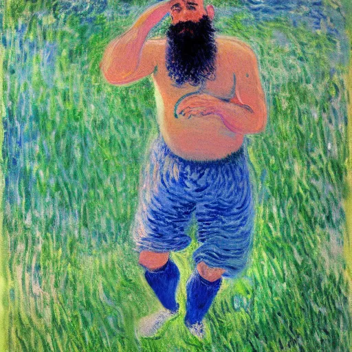 Image similar to monet painting of a bearded man with shaved head, he is vomiting on a soccer ball, highly detailed, realistic,