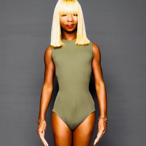 Prompt: african skin sia furler wearing a skin colored leotard full body artistic dinner photoshoot, no crop