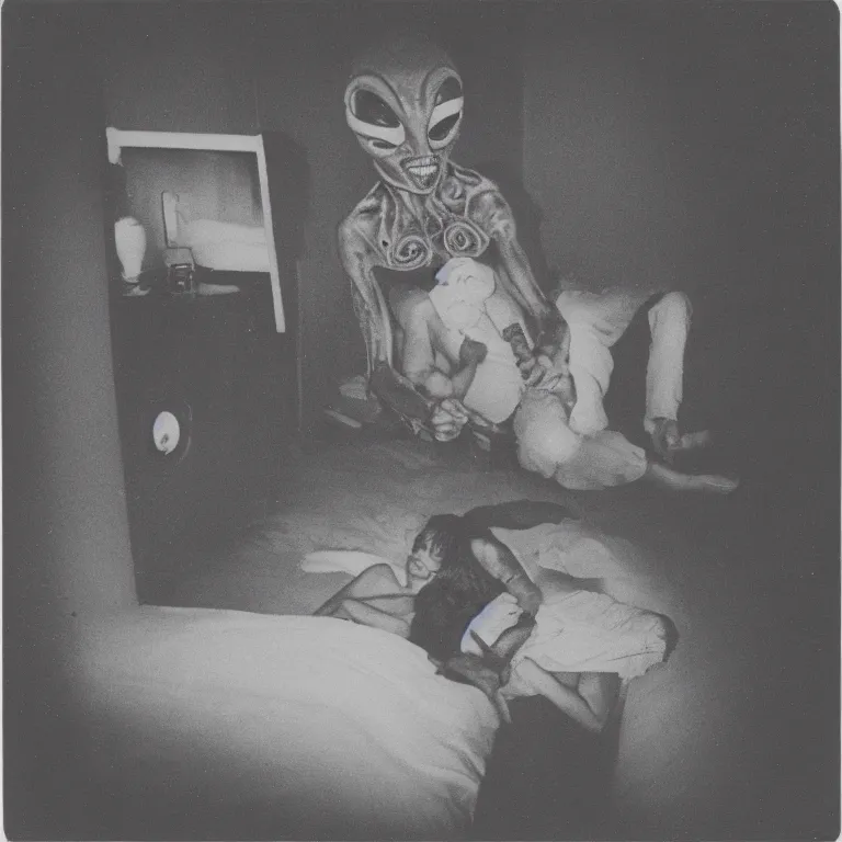 Prompt: Hyperrealistic Polaroid of Black eyed creepy Alien kidnapping a sleeping person inside their bedroom. 1980s