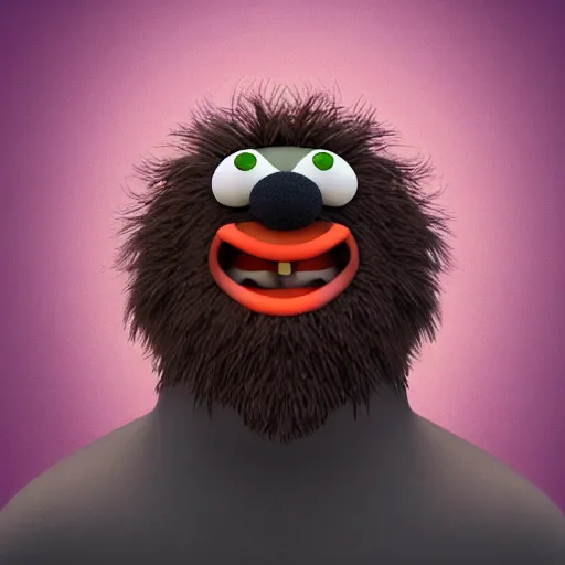 Image similar to a still of a forgotten muppet character looking very manly and modern, hilarious, laughing, hairy chest, huge chin, manly monster tough guy, roughled fur, photo real, photographic, photograph, artstation, trending, featured